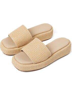 Women's Natural Leather Woven Wedges Beach Slip On Comfortable Casual Platform